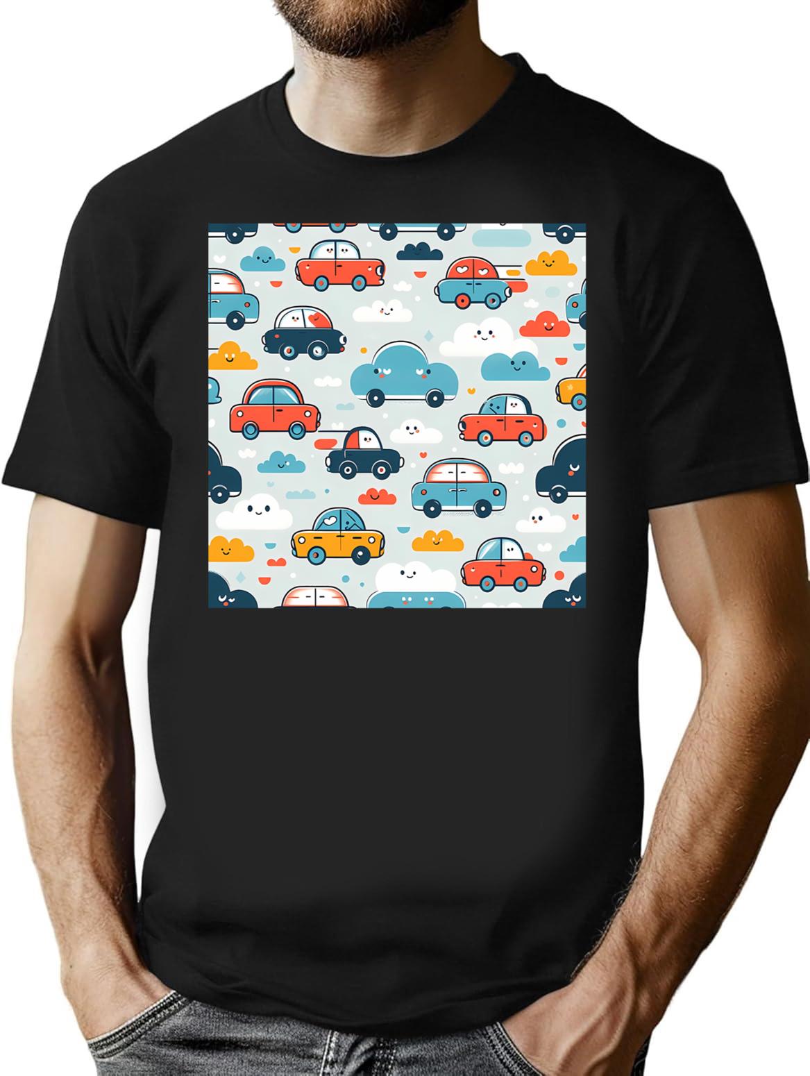 Cars And Clouds Pattern T-Shirt - Retro Graphic Tee for Men & Women - Black