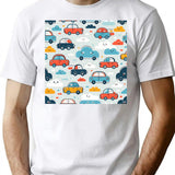 Cars And Clouds Pattern T-Shirt - Retro Graphic Tee for Men & Women - White