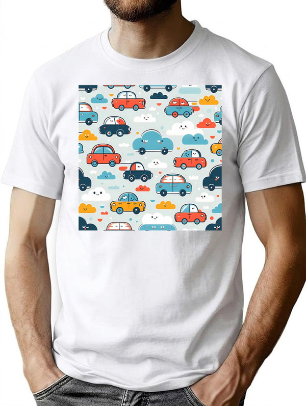 Cars And Clouds Pattern T-Shirt for Men & Women, T-Shirts Graphic Tee - White