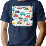 Cars And Clouds Pattern T-Shirt - Retro Graphic Tee for Men & Women - Navy