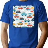 Cars And Clouds Pattern T-Shirt - Retro Graphic Tee for Men & Women - Blue