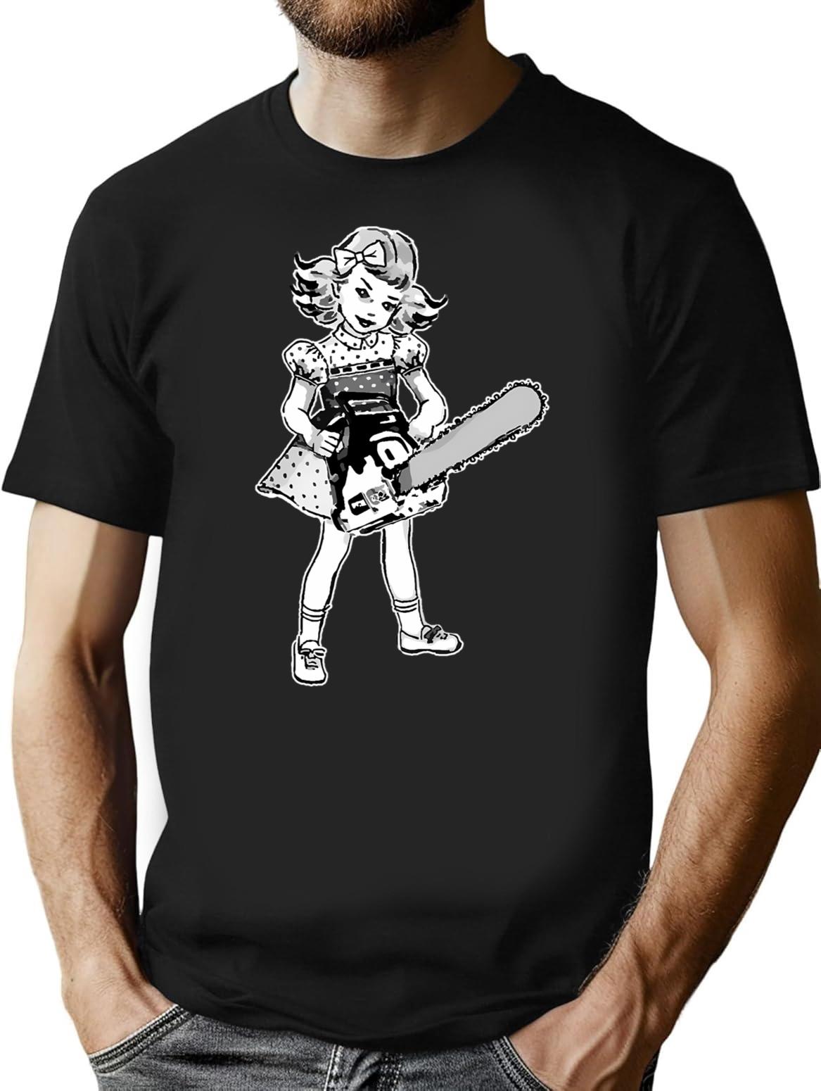 Chainsaw Girl On Black T-Shirt - Retro Graphic Tee for Men & Women - Black