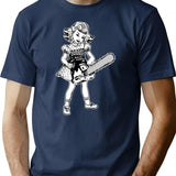 Chainsaw Girl On Black T-Shirt - Retro Graphic Tee for Men & Women - Navy