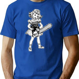 Chainsaw Girl On Black T-Shirt - Retro Graphic Tee for Men & Women - Blue