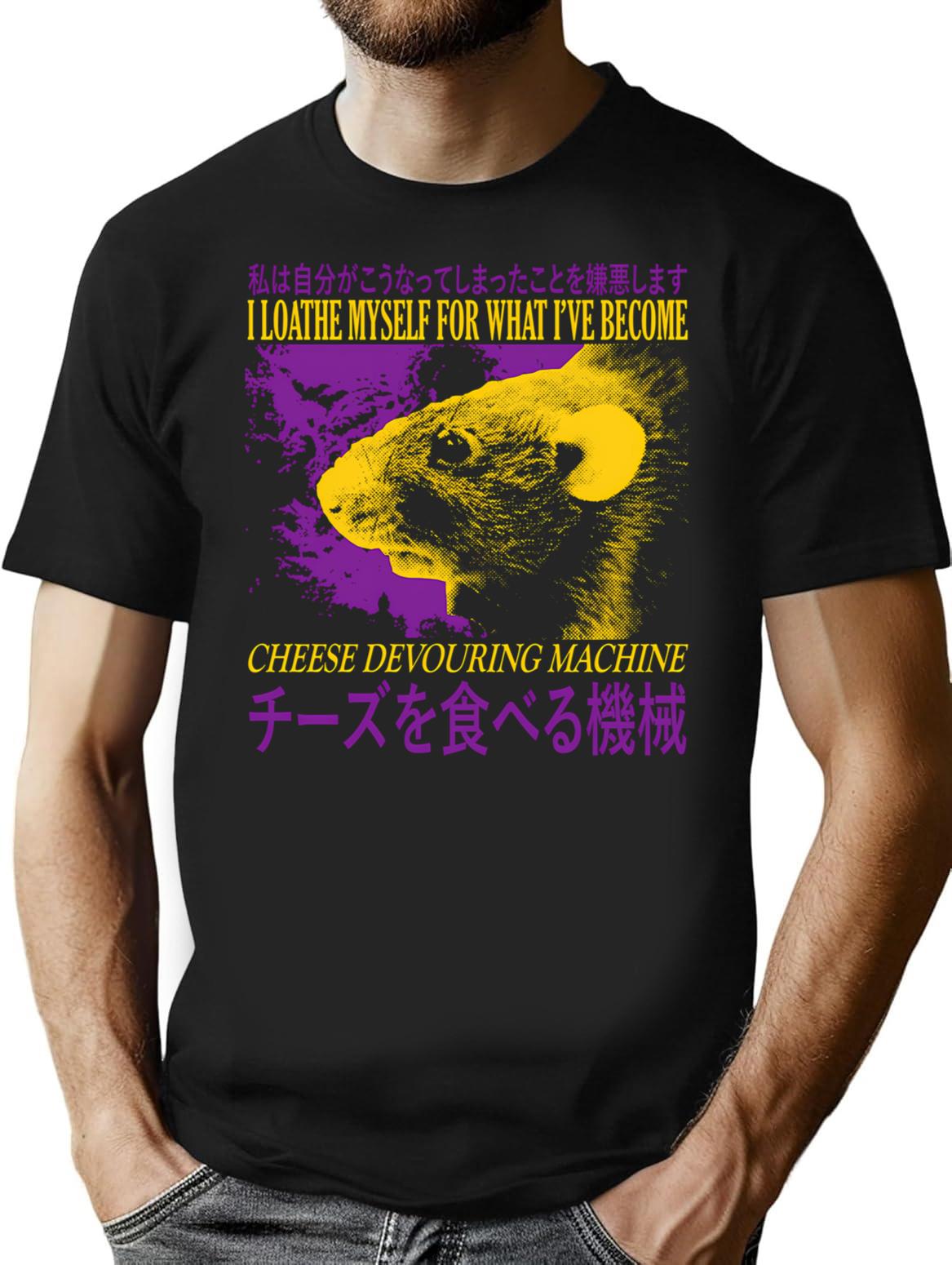 Cheese Devouring Machine Rat T-Shirt - Retro Graphic Tee for Men & Women - Black