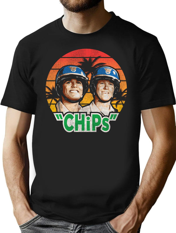 Chips Tv Show Retro Worn T-Shirt for Men & Women, T-Shirts Graphic Tee - Black