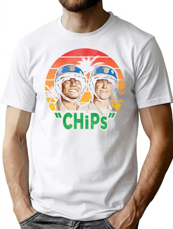 Chips Tv Show Retro Worn T-Shirt for Men & Women, T-Shirts Graphic Tee - White