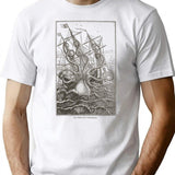 Colossal Octopus Kraken Attacking Ship Sea Monster T-Shirt for Men & Women, T-Shirts Graphic Tee - White