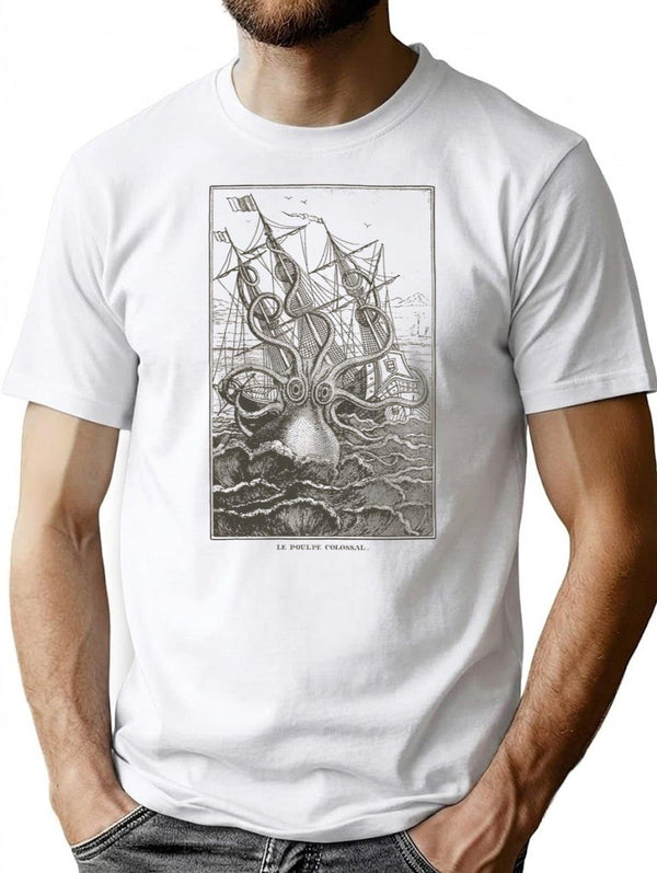 Colossal Octopus Kraken Attacking Ship Sea Monster T-Shirt for Men & Women, T-Shirts Graphic Tee - White