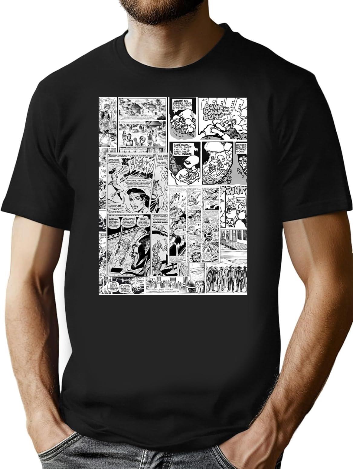 Comic Book Print White T-Shirt for Men & Women, T-Shirts Graphic Tee - Black