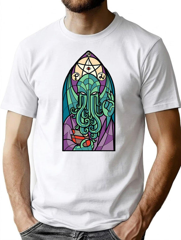 Cthulhu Church Stained Glass Cosmic Horror T-Shirt for Men & Women, T-Shirts Graphic Tee - White