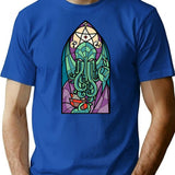 Cthulhu Church Stained Glass Cosmic Horror T-Shirt for Men & Women, T-Shirts Graphic Tee - Blue
