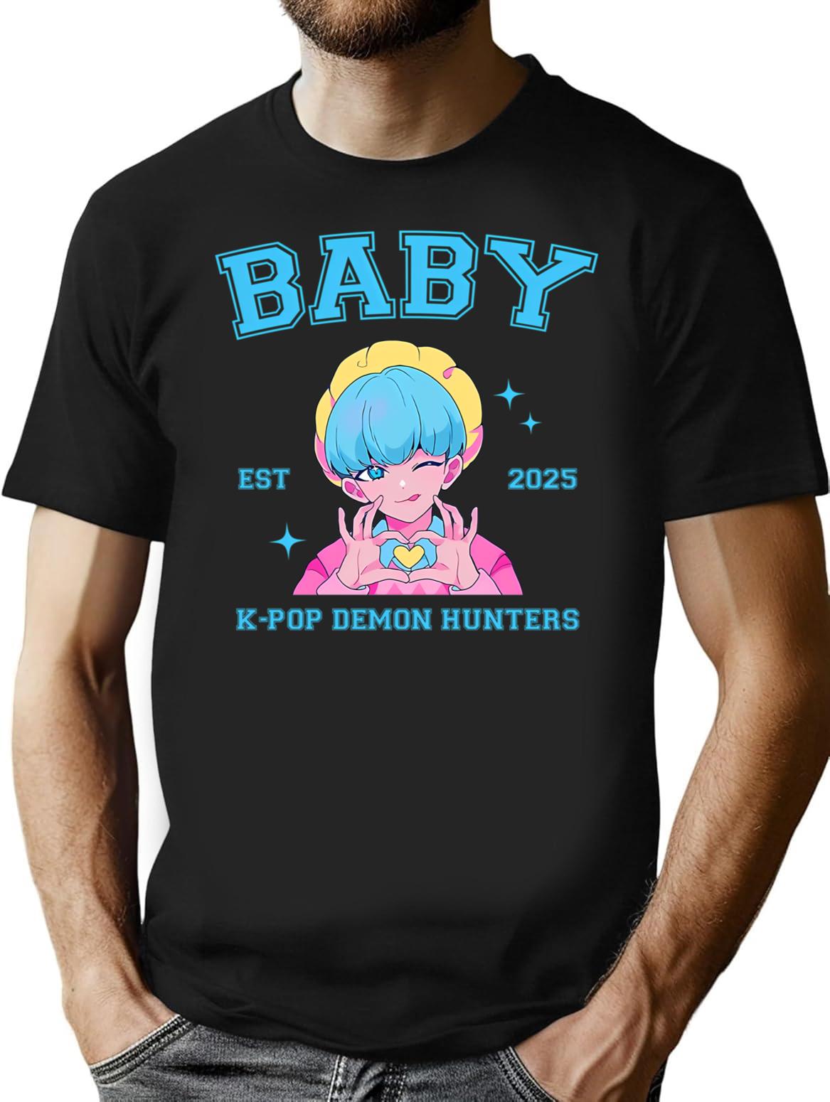 Cute Blue Haired Baby Making Heart Pose With Kpop Demon Hunters For K-Pop Gift For K-Pop Lovers T-Shirt for Men & Women, T-Shirts Graphic Tee - Black