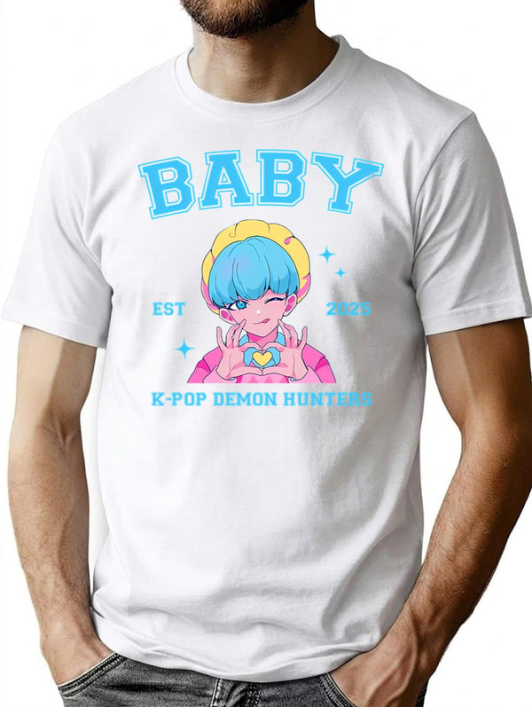 Cute Blue Haired Baby Making Heart Pose With Kpop Demon Hunters For K-Pop Gift For K-Pop Lovers T-Shirt for Men & Women, T-Shirts Graphic Tee - White
