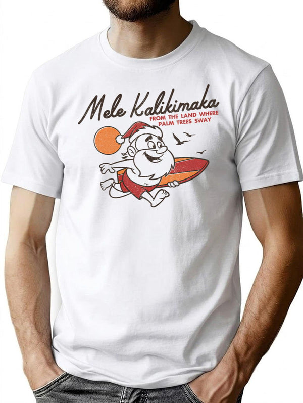 Cute Mele Kalikimaka Vintage For Christmas Santa Surfing Costume Gift T-Shirt for Men & Women, T-Shirts Graphic Tee - White