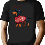 Dachshund In Rudolph Costume Cozy Christmas Sweater Design T-Shirt for Men & Women, T-Shirts Graphic Tee - Black