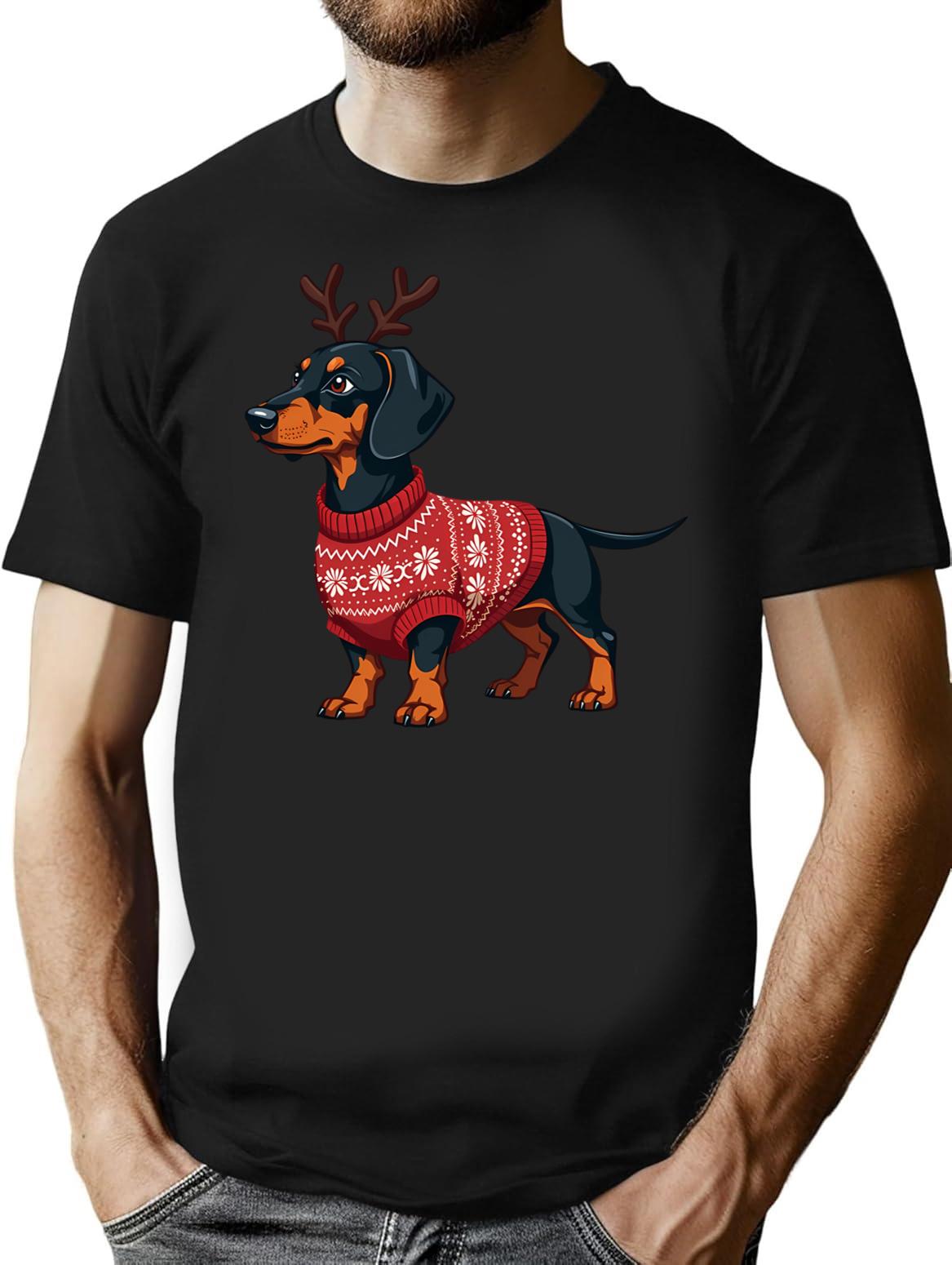 Dachshund In Rudolph Costume Cozy Christmas Sweater Design T-Shirt for Men & Women, T-Shirts Graphic Tee - Black