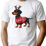 Dachshund In Rudolph Costume Cozy Christmas Sweater Design T-Shirt for Men & Women, T-Shirts Graphic Tee - White