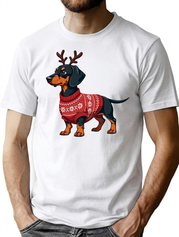 Dachshund In Rudolph Costume Cozy Christmas Sweater Design T-Shirt for Men & Women, T-Shirts Graphic Tee - White