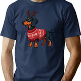 Dachshund In Rudolph Costume Cozy Christmas Sweater Design T-Shirt for Men & Women, T-Shirts Graphic Tee - Navy
