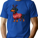 Dachshund In Rudolph Costume Cozy Christmas Sweater Design T-Shirt for Men & Women, T-Shirts Graphic Tee - Blue