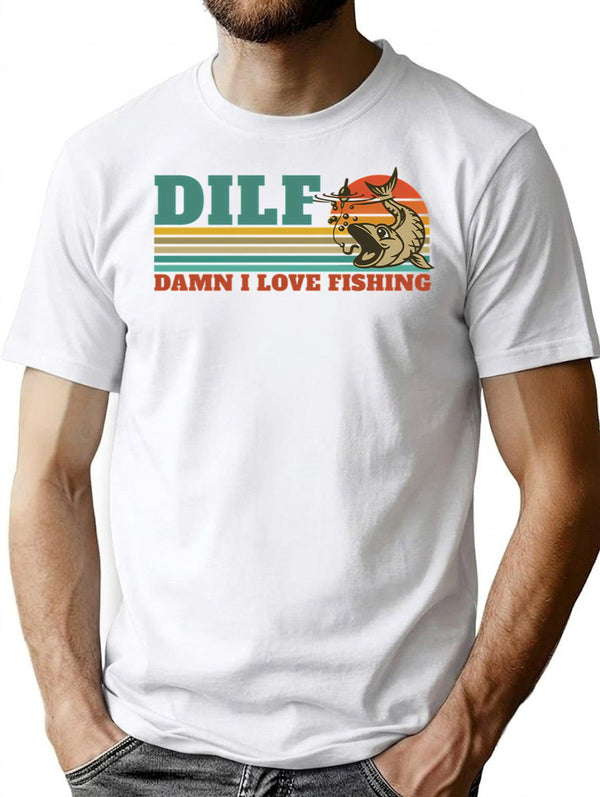 Dilf Damn I Love Fishing Retro Vintage Sunset Funny Fishing Gift (2) T-Shirt for Men & Women, T-Shirts Graphic Tee - White