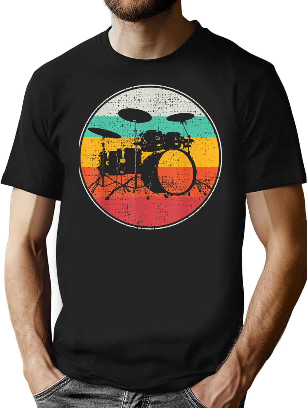 Drums Drummer Band Drumset Retro Vintage T-Shirt for Men & Women, T-Shirts Graphic Tee - Black