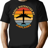 Easily Distracted By Airplanes Vintage Sunset Gift For Aviation Enthusiast. (1) T-Shirt - Black