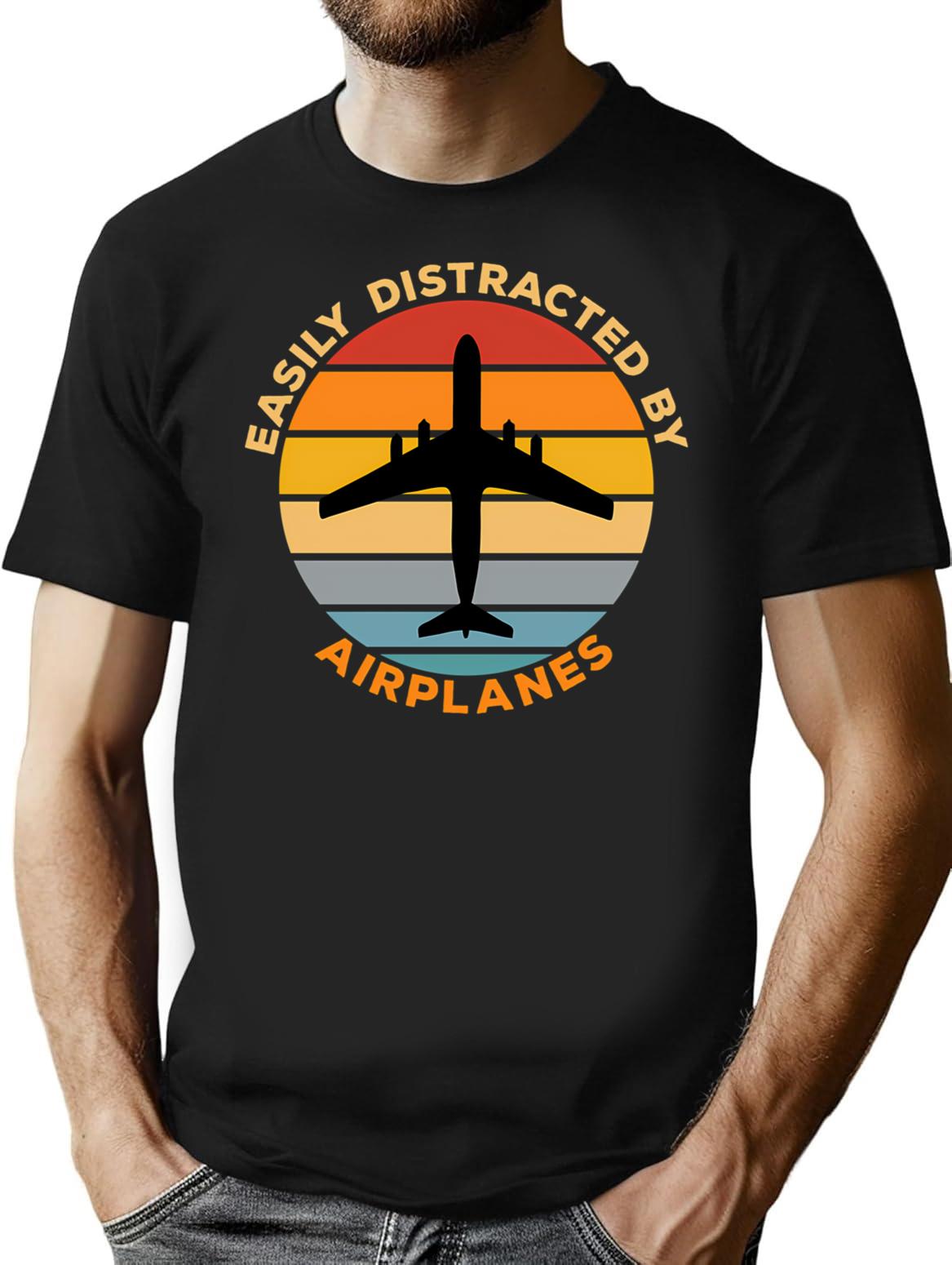 Easily Distracted By Airplanes Vintage Sunset Gift For Aviation Enthusiast. (1) T-Shirt - Black