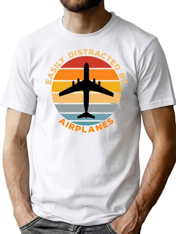 Easily Distracted By Airplanes Vintage Sunset Gift For Aviation Enthusiast. (1) T-Shirt for Men & Women, T-Shirts Graphic Tee - White