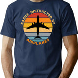 Easily Distracted By Airplanes Vintage Sunset Gift For Aviation Enthusiast. (1) T-Shirt - Navy