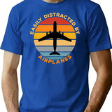 Easily Distracted By Airplanes Vintage Sunset Gift For Aviation Enthusiast. (1) T-Shirt - Blue
