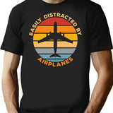 Easily Distracted By Airplanes Vintage Sunset Gift For Aviation Enthusiast. T-Shirt - Black