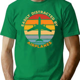 Easily Distracted By Airplanes Vintage Sunset Gift For Aviation Enthusiast. T-Shirt - Green