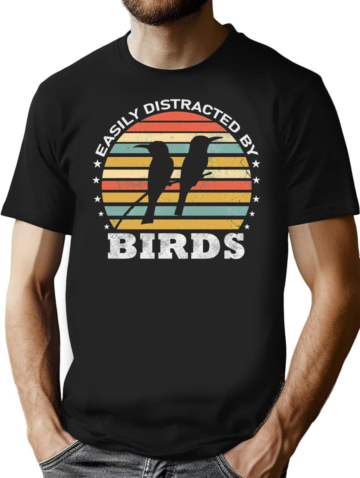 Easily Distracted By Birds Retro Vintage Funny Bird Lover T-Shirt - Black
