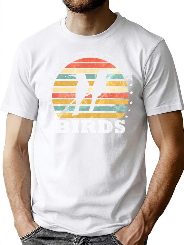 Easily Distracted By Birds Retro Vintage Funny Bird Lover T-Shirt for Men & Women, T-Shirts Graphic Tee - White