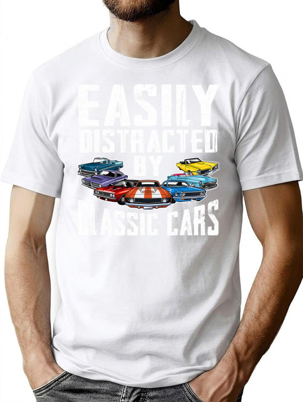 Easily Distracted By Classic Cars Funny Enthusiast Car Lover T-Shirt for Men & Women, T-Shirts Graphic Tee - White