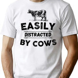 Easily Distracted By Cows Vintage T-Shirt - Retro Graphic Casual Tee - White