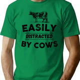 Easily Distracted By Cows Vintage T-Shirt - Retro Graphic Casual Tee - Green