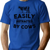 Easily Distracted By Cows Vintage T-Shirt - Retro Graphic Casual Tee - Blue