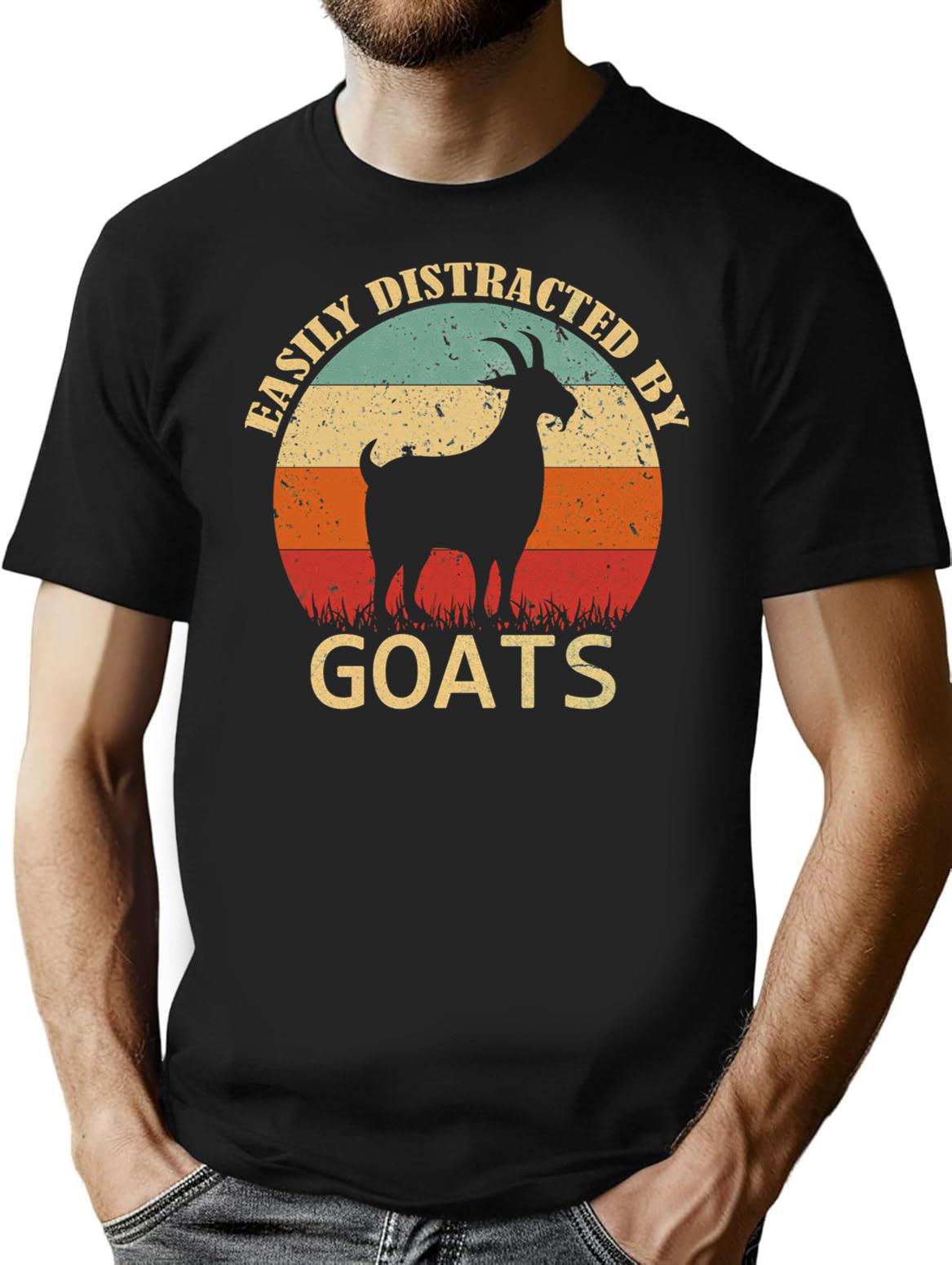 Easily Distracted By Goats Retro Vintage Funny Goat Lover T-Shirt - Black