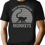 Easily Distracted By Monkeys Distressed Vintage Funny Monkey T-Shirt - Black