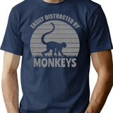 Easily Distracted By Monkeys Distressed Vintage Funny Monkey T-Shirt - Navy