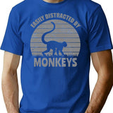 Easily Distracted By Monkeys Distressed Vintage Funny Monkey T-Shirt - Blue
