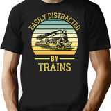 Easily Distracted By Trains Funny Train Lover Gift Retro Train Sunset T-Shirt - Black