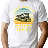 Easily Distracted By Trains Funny Train Lover Gift Retro Train Sunset T-Shirt - White