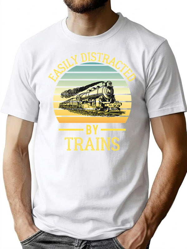 Easily Distracted By Trains Funny Train Lover Gift Retro Train Sunset T-Shirt for Men & Women, T-Shirts Graphic Tee - White