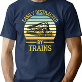 Easily Distracted By Trains Funny Train Lover Gift Retro Train Sunset T-Shirt - Navy