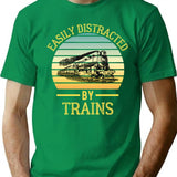 Easily Distracted By Trains Funny Train Lover Gift Retro Train Sunset T-Shirt for Men & Women, T-Shirts Graphic Tee - Green
