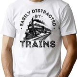Easily Distracted By Trains Railway Enthusiast Design With Vintage Train Illustration T-Shirt - White